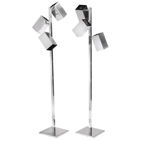 Koch & Lowy floor lamps, pair: Koch & Lowy floor lamps, pair, chrome, each with three square shades with black interior, signed with stamped "DMI" marks, 10" x 10" x 62"h, excellent original condition