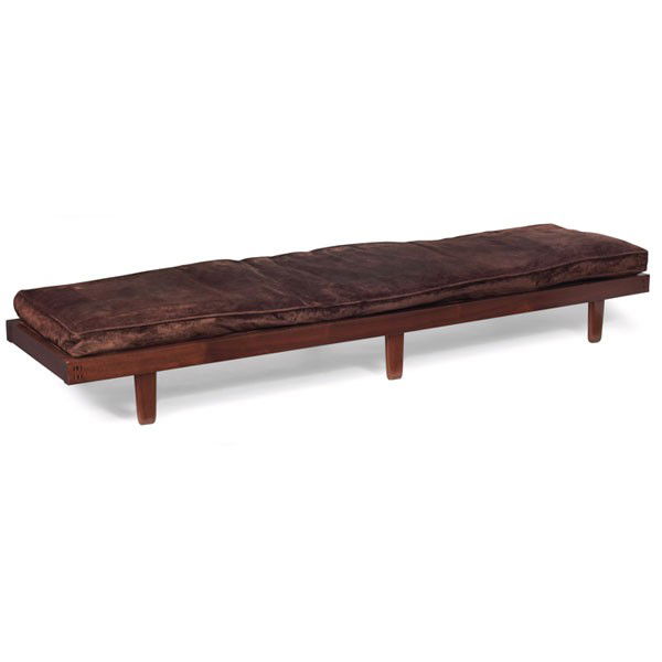 George Nakashima bench/daybed: George Nakashima bench/daybed, walnut, long low form with six legs, wood joint details to corners, original finish, unsigned, 96.5"w x 26"d x 14.5"h, very good condition