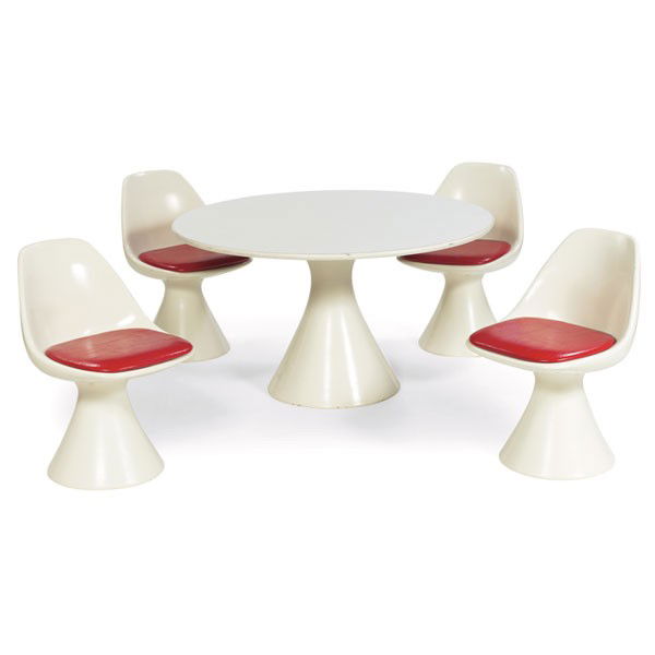 Hollen dining set: Hollen dining set, Houston, Texas, molded plastic bases, round white laminate top, chairs, swivel, original bright red upholstered seat cushions, chairs signed with Hollen, Inc. labels, table: 48"dia