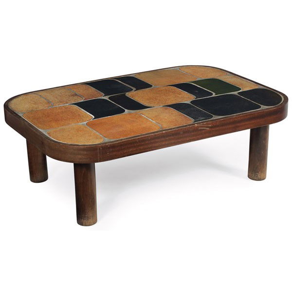 Roger Capron coffee table, stoneware: Roger Capron coffee table, France, 1950s, glazed stoneware tiles in a wood frame with round legs, tiles with natural glaze, gray glaze, and one with dark green glaze, original finish, 38.5"w x 26.5"d
