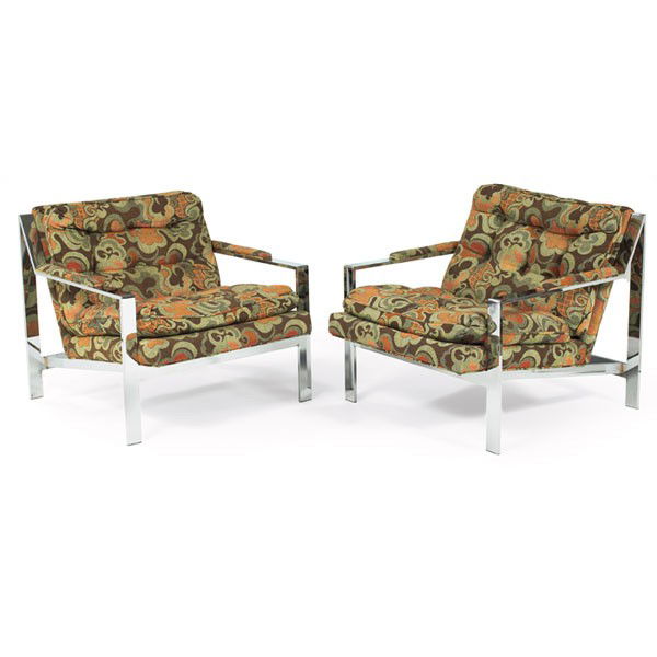Milo Baughman lounge chairs, pair: Milo Baughman lounge chairs, pair, by Thayer Coggin, chromed metal frames with padded armrests and tufted cushions with the original patterned upholstery, 30"w x 32"d x 28.5"h, excellent condition