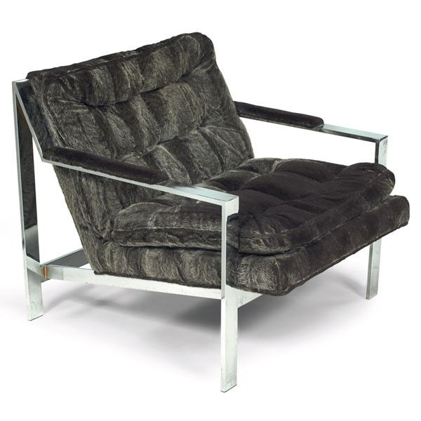 Milo Baughman lounge chair,: Milo Baughman lounge chair, by Thayer Coggin, chromed metal frame with padded armrests and tufted cushions in the original dark gray faux fur upholstery, 30"w x 32"d x 28.5"h, excellent condition