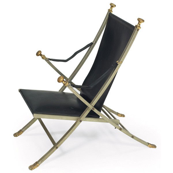 Maison Jansen Campaign folding chair: Maison Jansen Campaign folding chair, France, 1960s, patinated brass and brushed steel frame, original black leather sling backrests, armrests and seat cushion, original finish, 24.5"w x 35"d x 36"h,