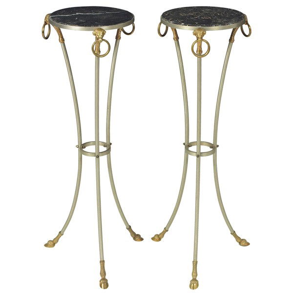 Maison Jansen tables, pair: Maison Jansen tables, pair, France, 1960s, tall forms on three legs with brass hoof feet and ring details, nickel-plated steel and brass, black marble tops, original finish, unsigned, 13"dia x 39.5"h,