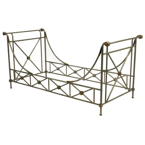 Maison Jansen campaign bed: Maison Jansen campaign bed, France, 1960s, nickel-plated steel and brass, 38"w x 86"d x 40"h, very good original condition