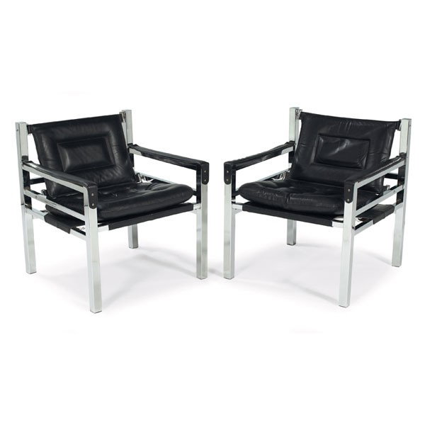 1960s Italian lounge chairs, pair: 1960s Italian lounge chairs, pair, square chrome frames, tufted black leather seat cushions and flexible backrests, nicely made, original upholstery, unsigned, 25"w x 25"d x 28"h, excellent original c