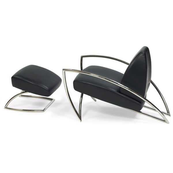 Brueton lounge chair and ottoman: Brueton lounge chair and ottoman, USA, tubular chromed metal frames, original black leather upholstery, original finish, signed with Brueton label, chair: 27.5"w x 39"d x 27.5"h, ottoman: 17.5"w x 2"d