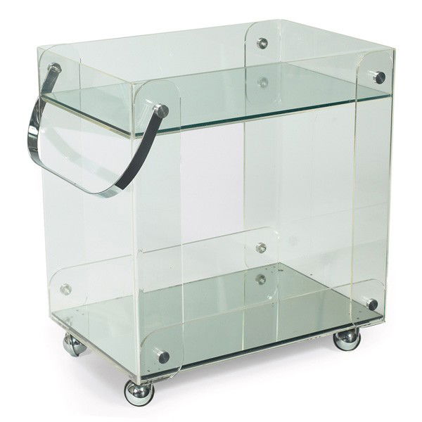 Lucite bar cart: Lucite bar cart, 1960s, clear structure with mirror glass to shelves, metal fittings and handle, on castors, 24.5"w x 16"d x 27"h, unsigned, very good original condition
