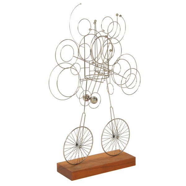 J.A. Burlini kinetic sculpture: J.A. Burlini kinetic sculpture, 1972, walnut base supports a metal construction with moving parts, inscribed on base "J.A. Burlini 1972", 22.5"w x 33"h, very good original condition