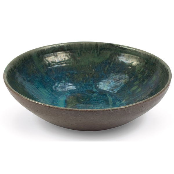 Eugene Deutch bowl, stoneware: Eugene Deutch bowl, stoneware, blue-green glaze to interior, signed "E. Deutch", 12"dia x 3.5"h, mint condition