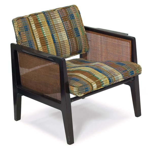 Edward Wormley lounge chair,: Edward Wormley lounge chair, by Dunbar, ebonized mahogany frame with caned sides, pivoting backrest, original Jack Lenor Larsen silk upholstery with metallic threads, original finish, signed with rect