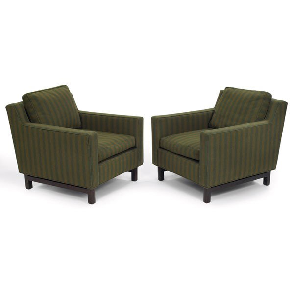 Edward Wormley lounge chairs, pair, striped uphols: Edward Wormley lounge chairs, pair, by Dunbar, mahogany frames with subtle shaping, down-filled backrest cushion, original striped upholstery, signed with Dunbar fabric in cushion decking, 30.5"w x 34