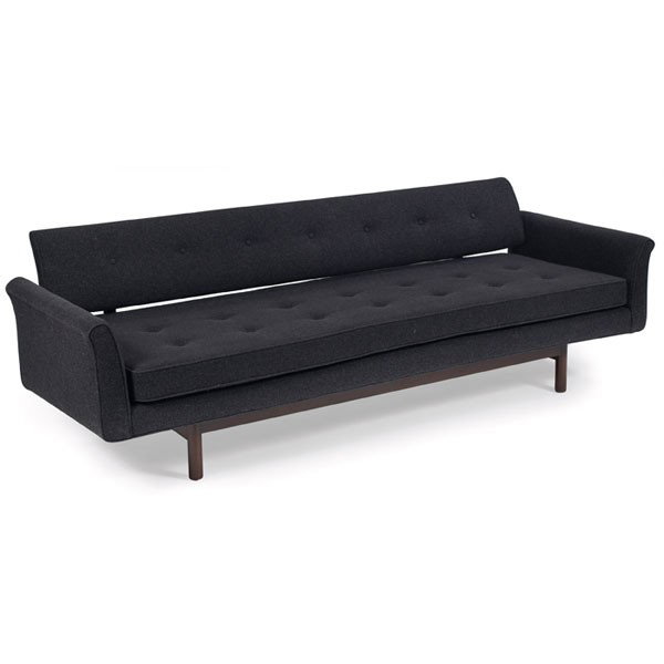 Edward Wormley sofa,: Edward Wormley sofa, by Dunbar, floating backrest, mahogany frame with exposed supports to back, tufted seat and backrest, curved armrests, replaced upholstery, 88"w x 30"d x 28"h, some regluing to fr