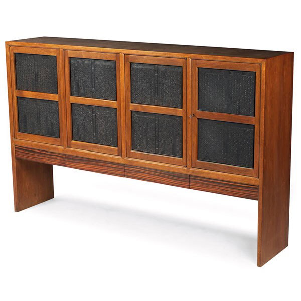 Edward Wormley cabinet: Edward Wormley cabinet, by Dunbar, USA, 1950s, walnut case with slab sides, four cabinet doors decorated with antique carved Japanese print blocks, three doors are spring-loaded, one door locks, four 