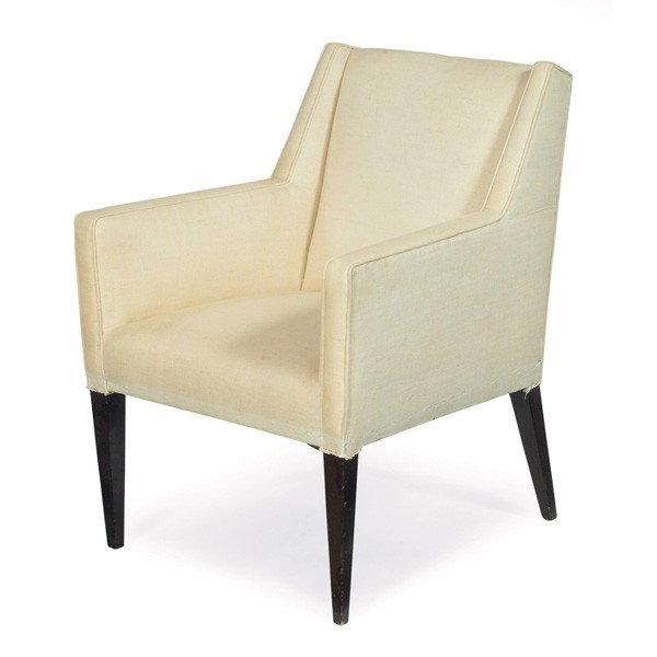Edward Wormley occasional chair,: Edward Wormley occasional chair, by Dunbar, white upholstery, tapered dark-stained wood legs, original upholstery, original finish, 25"w x 27"d x 34"h, good original condition