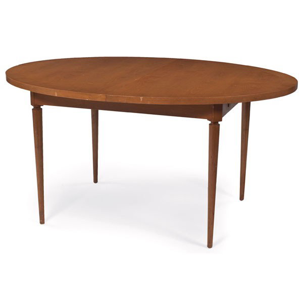 T.H. Robsjohn-Gibbings dining table: T.H. Robsjohn-Gibbings dining table, by Widdicomb, mahogany, elliptical top with inlaid detail to top, tapered legs with square block detail, one 22" leaf (not shown), stenciled date 8/56, Widdicomb l