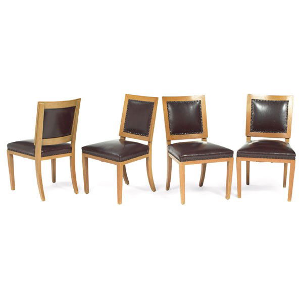Edward Wormley dining chairs, four,: Edward Wormley dining chairs, by Dunbar, four, 1940s, wood frames with semi-opaque lacquered finish, original leather seats and backrests with brass tack trim, original finish, unsigned, 20"w x 22.5"d