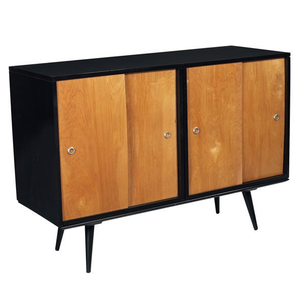 Paul McCobb bench and pair of cabinets,: Paul McCobb bench and pair of cabinets, by Winchendon, removable cabinets with natural wood sliding doors and black stained exterior, refinished, 48"w x 18"d x 34"h, one sliding door is warped, very g