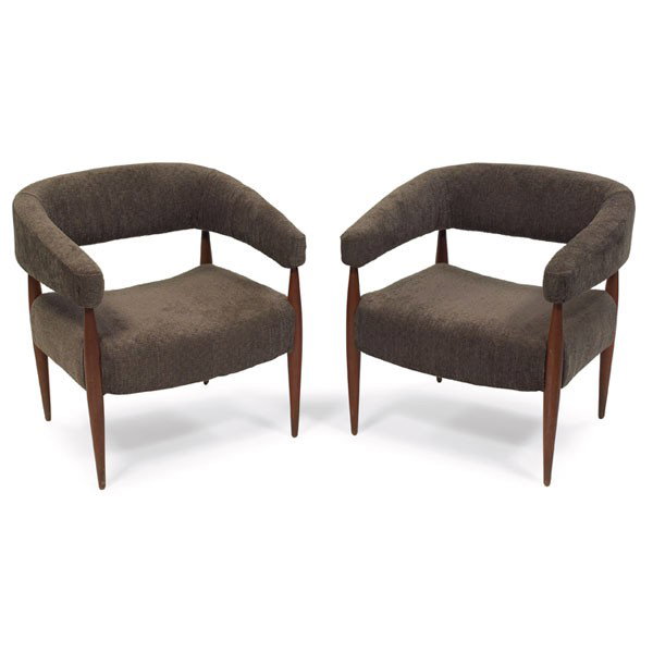 Nanna Ditzel style lounge chairs, pair: Nanna Ditzel style lounge chairs, pair, wood frames, upholstered seats and floating backrests, reupholstered, original finish, 26.5"w x 24.5"d x 28"h, very good condition