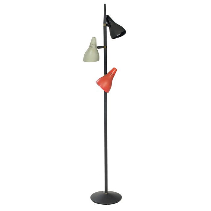 Lightolier floor lamp, black: Lightolier floor lamp, USA, black enameled metal base supports three plastic shades in red, black and white, 65.5"h, some fading, very good original condition