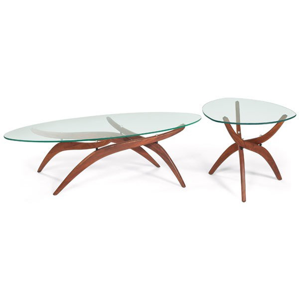 1960s folding tables, two: 1960s folding tables, two, possibly by Craft Associates, teak frames with aluminum fittings, 3/8" glass tops, bases fold, original finish, coffee table: 53"w x 19"d x15.5"h, end table: 23.25"w x 23.25