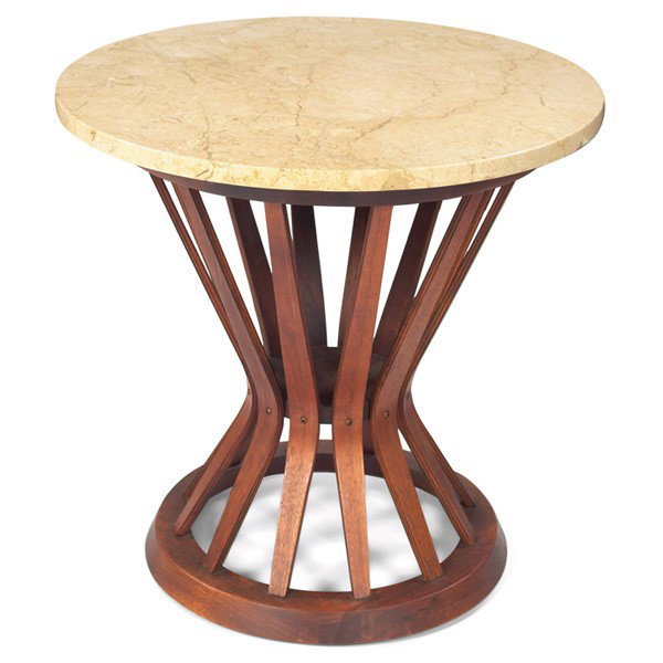 Dunbar style Sheaf of Wheat occasional table: Dunbar style Sheaf of Wheat occasional table, 1960s, walnut base, removable travertine top, unsigned, original finish, 21"dia x 20.5"h, excellent condition