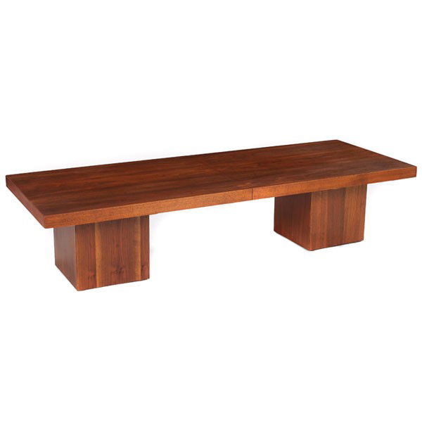 John Keal coffee table, attribution: John Keal coffee table, attribution, by Brown-Saltman, walnut divided top slides open to reveal a black surface, unsigned, fully open: 88"w, closed: 66"w x 24"d x 16"h, original finish, very good cond