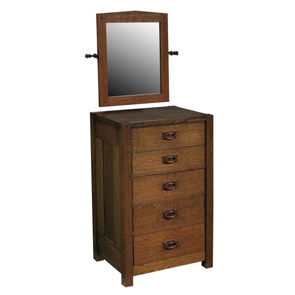 early Gustav Stickley mirror and cabinet: La Hacienda: The John L. Jerome Collection: The early Gustav Stickley mirror and cabinet shown at left appears to have been designed as one piece of furniture. It may have served as a shaving mirror s