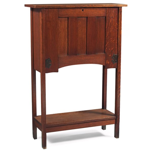 Gustav Stickley ladies' desk, #724: Unusual Gustav Stickley ladies' desk, #724, Japanese-influenced paneled drop-front form with original hardware, complete interior, key-hole escutcheon missing, signed with large red decal, cleaned ori