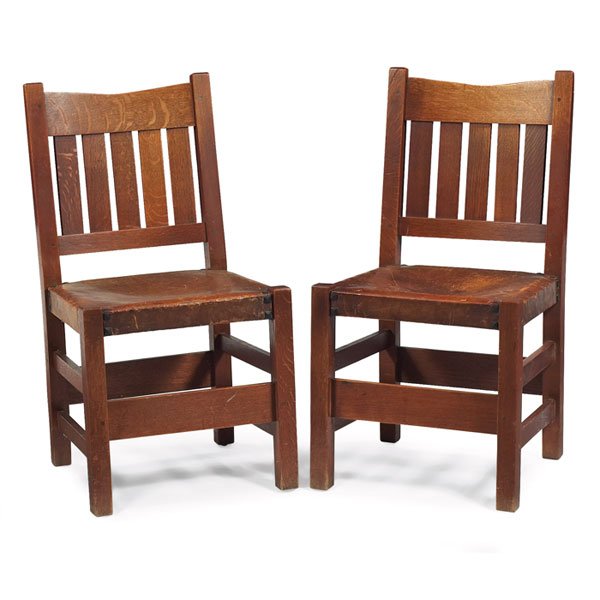 Gustav Stickley side chairs, pair, #354 , "V" back : Good Gustav Stickley side chairs, pair, #354 , "V" back form with five vertical slats above an original hard leather seat with original tacks, original finish, branded signature, partial paper label t