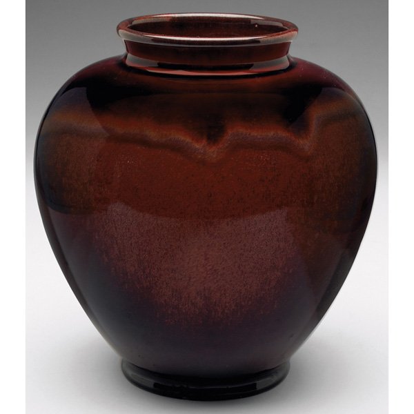 Kenton Hills vase, crystalline highlights: Kenton Hills vase, large bulbous shape covered in a deep red glaze with gold and silver crystalline highlights, marked, #100, 6.5"w x 6.75"h