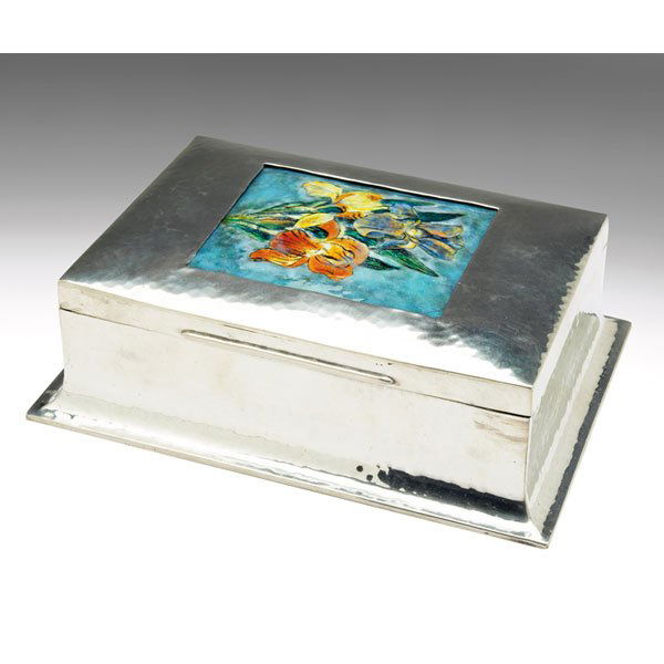 Liberty & Co., Tudric jewel box, #01260: Liberty & Co., Tudric jewel box, England, c. 1920, pewter, enamel panel on lid with irises, marked Solkets, #01260, 7.5"w x 2.5"h