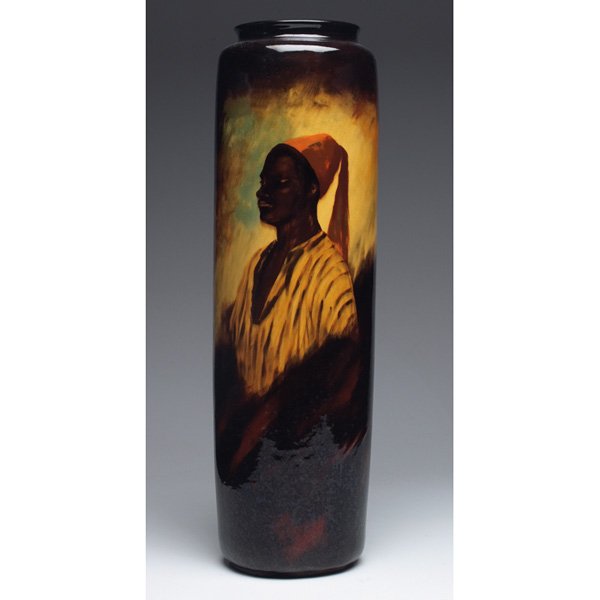 Weller Aurelian vase, Fouts: Weller Aurelian vase, large cylindrical shape with a finely painted portrait of a man, executed and signed by Fouts, marked, 5"w x 17.5"h, drilled hole in bottom