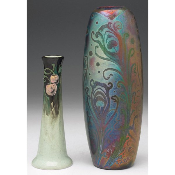Weller Eocean, Late Line bud vase, metallic glaze,: Weller Eocean, Late Line bud vase, painted berry design, unmarked, 2.25"w x 6"h; with Weller Sicard vase, colorful metallic glaze with a stylized peacock feather design, marked, 3"w x 8.5"h, hairlines