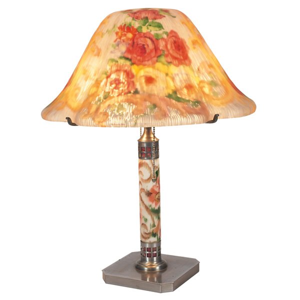Pairpoint lamp: Pairpoint lamp, floral motif with a reverse-painted shade on a pedestal base with two sockets, base signed, 16"w x 20.5"h, very good condition