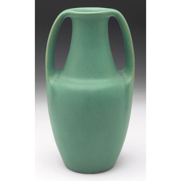 Teco vase, designed by Fritz Albert: Teco vase, designed by Fritz Albert, handled form covered with a green matte glaze, impressed marks, 5"w x 9.25"h