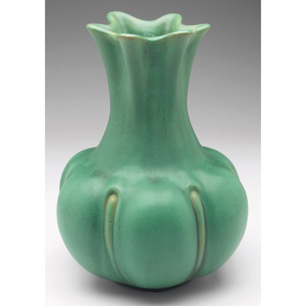 Teco vase, #197, design attributed to Fritz Albert: Good Teco vase, #197, design attributed to Fritz Albert, unusual form under a good green matte glaze with nice charcoal highlights, impressed marks, 7.5"w x 10.5"h