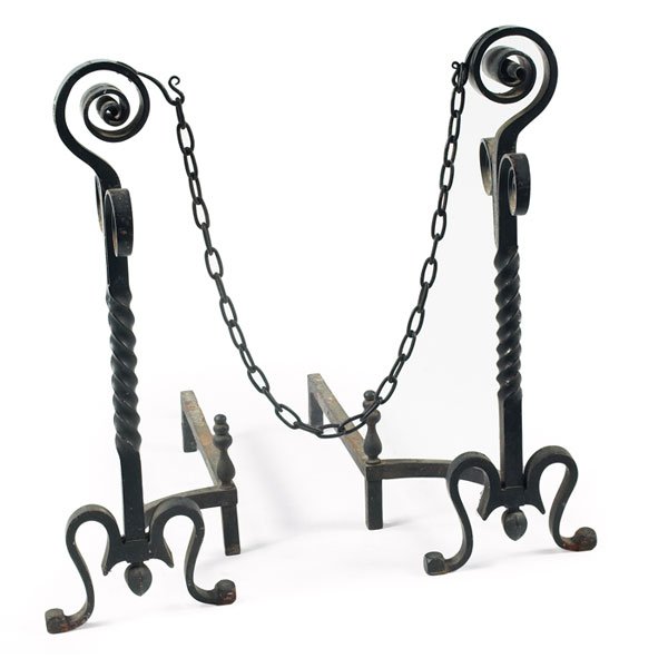 Arts & Crafts andirons: Arts & Crafts andirons, in twisted and curled wrought iron with connecting chain, each: 11"w x 29"d x 28.5"h, very good condition