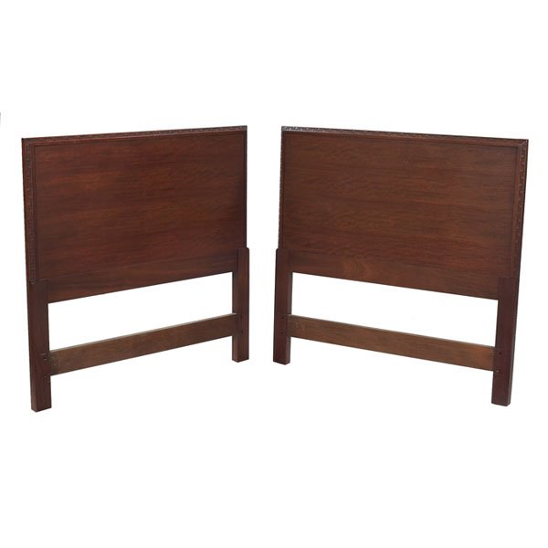 Frank Lloyd Wright headboards, pair: Frank Lloyd Wright headboards, pair, manufactured by Heritage Henredon, twin-size with Taliesin design at edges, original finish, signed with script signature, 40"w x 38.5"h, excellent condition