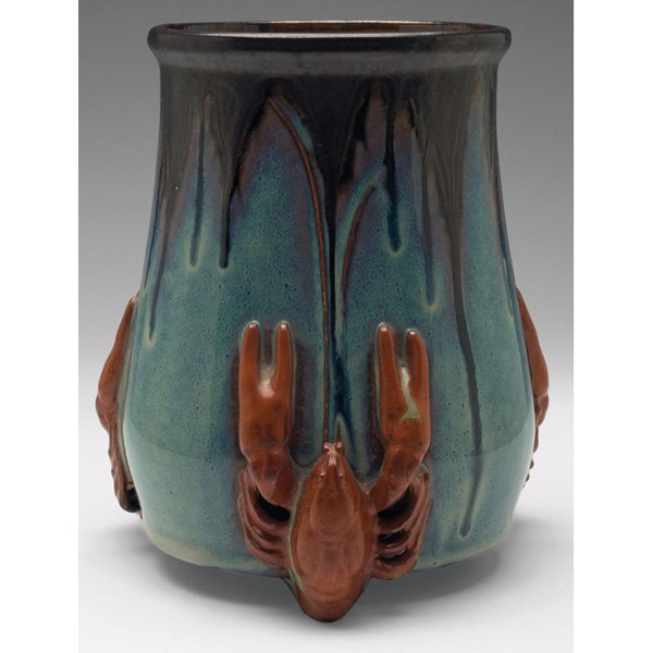 Denbac vase: Denbac vase, large form in a blue glaze with a black drip, applied lobster figures at bottom, signed, 7"w x 8.5"h