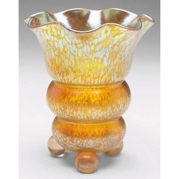 Loetz Candia Papillon vase: Loetz Candia Papillon vase, attribution, unusual shape with three ball-feet in gold glass with overall iridescence, unmarked, 5"w x 5.5"h