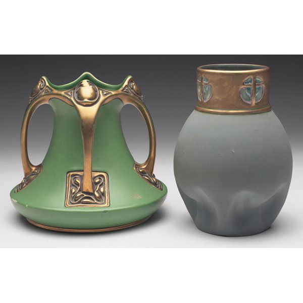 Amphora vases: Amphora vase, unusual shape, four gold handles with carved designs, covered in a green matte glaze, marked Austria, #1098, 7.5"w x 6.5"h; with an Amphora vase, bulbous shape with a pinched bottom and