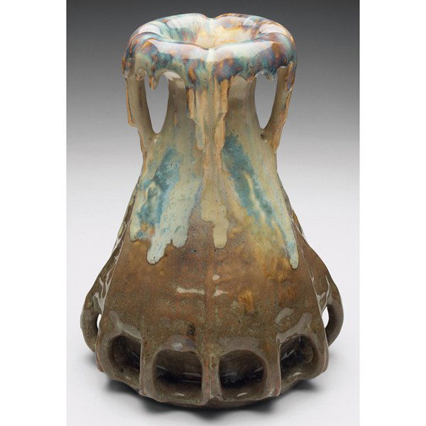 Amphora Edda vase, probably designed by Fritz Eich: Amphora Edda vase, probably designed by Fritz Eichmann, organic shape covered in a blue, brown and cream drip glaze, marked, #3622, 6.5"w x 9"h, this vase is pictured in House of Amphora, by Richard S
