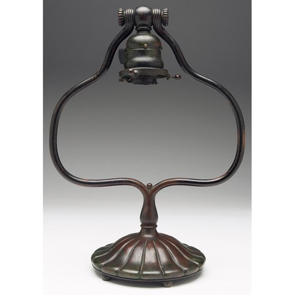 Tiffany Studios lamp base: Tiffany Studios lamp base, harp form with five ball feet in bronze, original patina with enhancement, signed Tiffany Studios, New York, #419, 9.5"w x 13"h