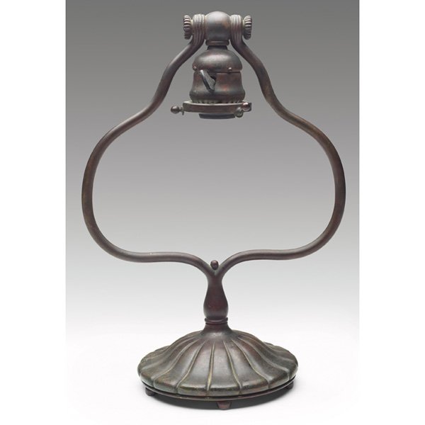 Tiffany Studios lamp base: Tiffany Studios lamp base, harp form with five ball feet in bronze, good original patina, signed Tiffany Studios, New York, #419, 9.5"w x 13"h