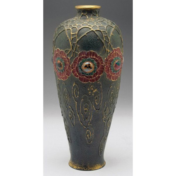 Amphora Gres Bijou Dornenkrone vase: Amphora Gres Bijou Dornenkrone vase, large tapered shape with raised stylized floral designs covered in colorful glazes, marked, #3256, 6"w x 14"h