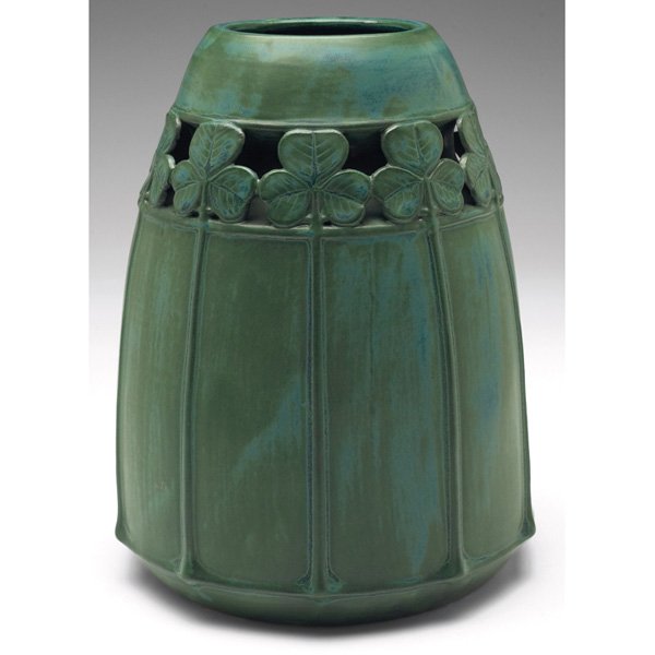 Amphora vase, designed by Eduard Stellmacher: Amphora vase, designed by Eduard Stellmacher, large form with a pierced trefoil design covered in a green matte glaze with blue highlights, marked, #2019, 6.5"w x 8"h, very nice blue to green matte gl