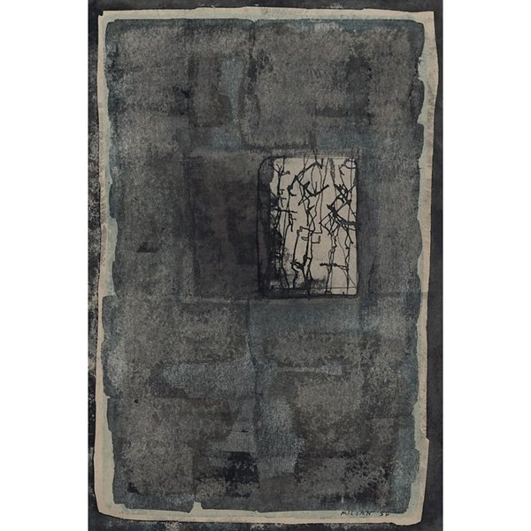 Raul Milian, "Untitled," 1956, mixed media: Raul Milian (Cuban, 1914-1986) "Untitled," 1956, mixed media, 14" x 9.25", signed and dated lower right, framed