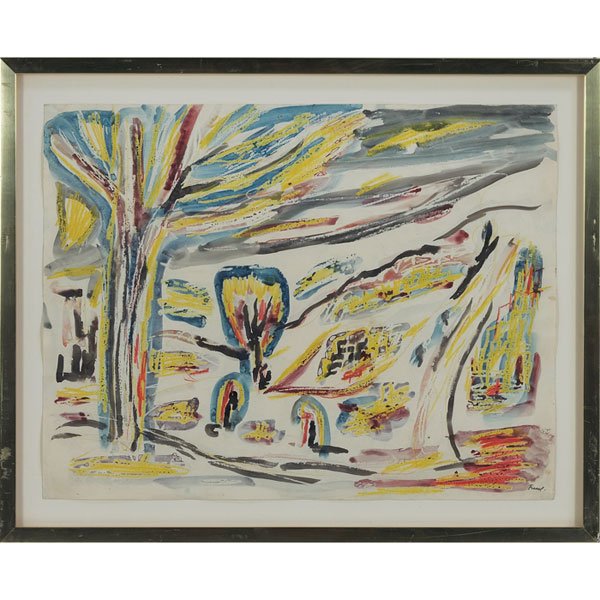 Yitzhak Frenkel-Frenel (Ukrainian, 1899-1981) "Vib: Yitzhak Frenkel-Frenel (Ukrainian, 1899-1981) "Vibrant Pastoral," c. 1970, watercolor, 19.5" x 25.25", signed lower right, framed