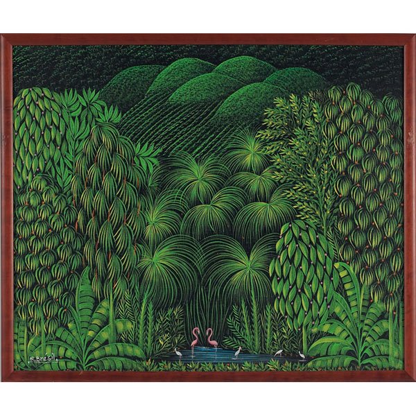 Henri Robert Bresil, "Flamingoes in Landscape," c.: Henri Robert Bresil (Haitian, 1952-1999) "Flamingoes in Landscape," c. 1980, oil on canvas, 19.5" x 23.5", signed lower left, framed